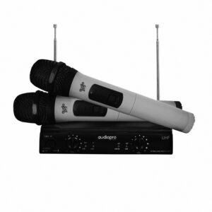 MICROFONO AUDIOPRO INALAMBRICO CON SISTEMA UHF, 2 MICROFONO 1 RECEPTOR, 50M DISTANCIA EFICIENTE, BATERIA SECA AA 1.5.