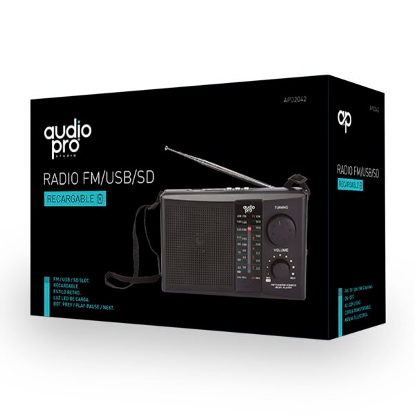 RADIO AUDIOPRO PORTATIL AM/FM/SW /USB /SD/BATERIA, CORREA TRANSPORTADORA, ANTENA TELESCOPICA - Imagen 2