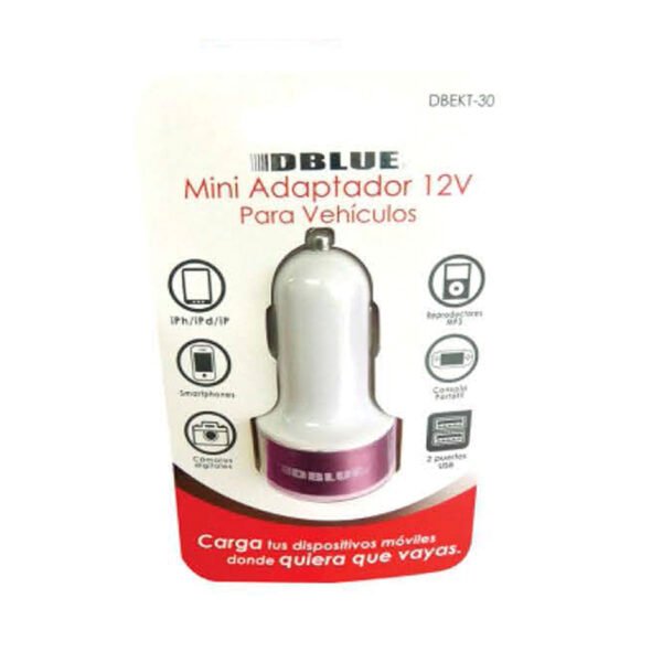 CARGADOR DBLUE DE AUTOMOVIL 2.1A - 12V CON 2 PUERTOS USB COLOR PURPURA - Imagen 2