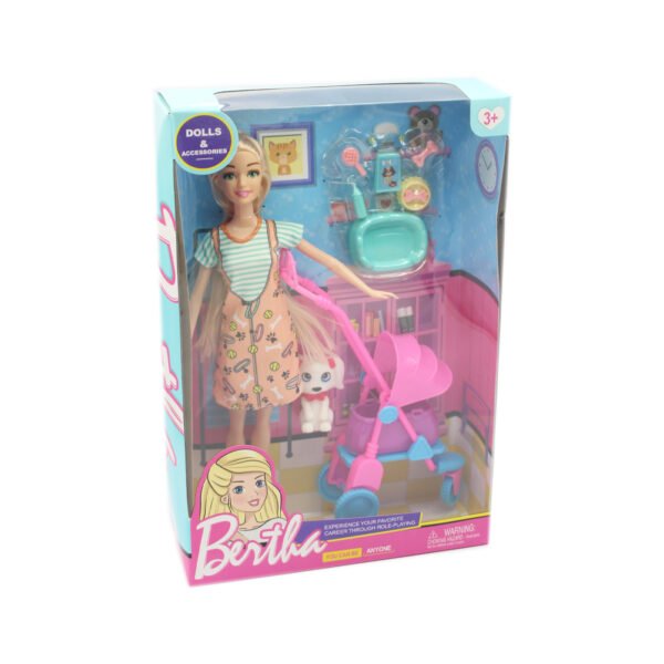 MUÑECA CON MASCOTA Y SET DE PASEO
