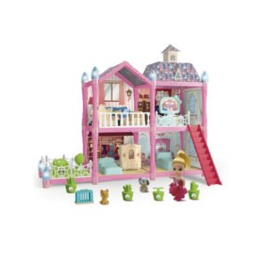 CASA DE MUÑECAS ROSADA DE 2 PISOS, 112 PCS, CON LUCES, PARA NIÑOS MAYORES DE 3 AÑOS.