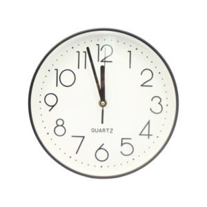 RELOJ DE PARED 25 CM  BLANCO CON NUMEROS NEGROS  , MARCO NEGRO