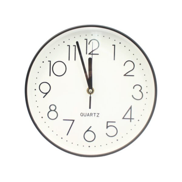 RELOJ DE PARED 25 CM  BLANCO CON NUMEROS NEGROS  , MARCO NEGRO