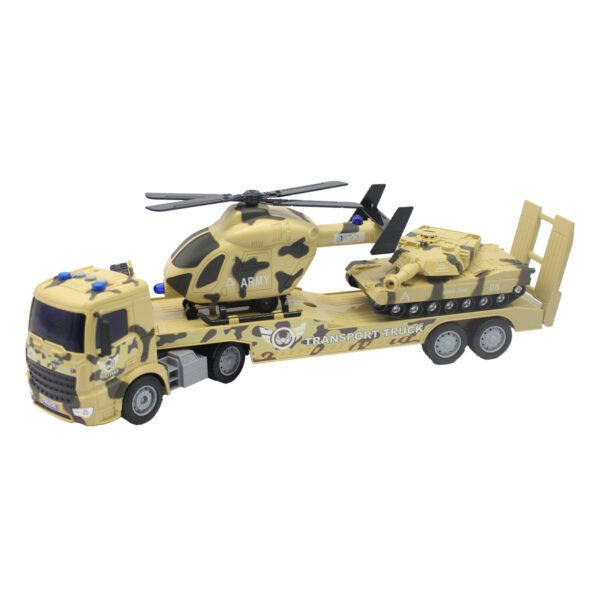 CAMION REMOLQUE A FRICCION CON TANQUE DE RUEDA LIBRE Y HELICOPTERO ESCALA 1:18