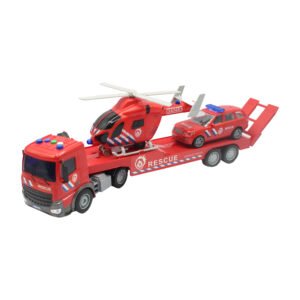 CAMION REMOLQUE A FRICCION CON AUTO DE RESCATE DE RUEDA LIBRE Y HELICOPTERO ESCALA 1:18