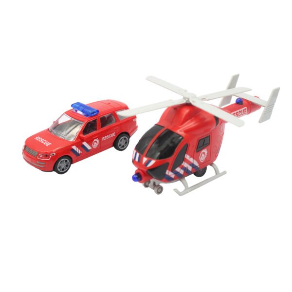 CAMION REMOLQUE A FRICCION CON AUTO DE RESCATE DE RUEDA LIBRE Y HELICOPTERO ESCALA 1:18 - Imagen 2