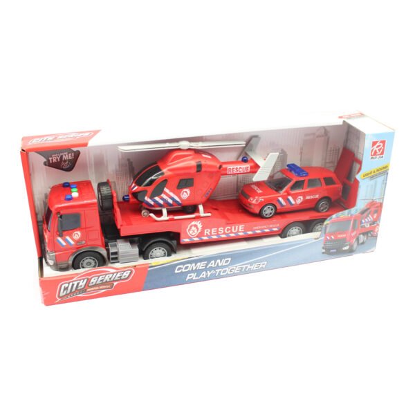 CAMION REMOLQUE A FRICCION CON AUTO DE RESCATE DE RUEDA LIBRE Y HELICOPTERO ESCALA 1:18 - Imagen 6