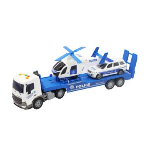 CAMION REMOLQUE A FRICCION CON AUTO POLICIA DE RUEDA LIBRE Y HELICOPTERO ESCALA 1:18