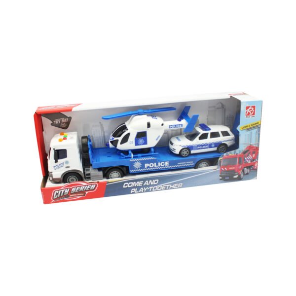 CAMION REMOLQUE A FRICCION CON AUTO POLICIA DE RUEDA LIBRE Y HELICOPTERO ESCALA 1:18 - Imagen 2