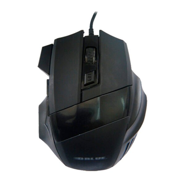 MOUSE PARA JUEGOS CON CABLE USB, RESOLUCION AJUSTABLE 800- 1200- 1600DPI, LUZ LED AZUL, AGARRE DE SILICONA. BLACK