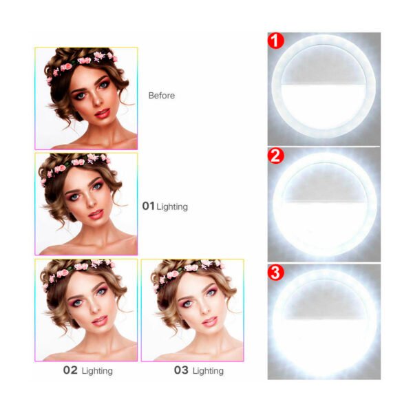 SELFIE RING LIGHT DBLUE, 3 NIVELES DE INTENSIDAD, COMPATIBLE CON SMARTPHONES, FUNCIONA CON PILAS AAA. - Imagen 4