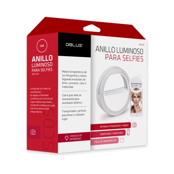SELFIE RING LIGHT DBLUE, 3 NIVELES DE INTENSIDAD, COMPATIBLE CON SMARTPHONES, FUNCIONA CON PILAS AAA. - Imagen 7