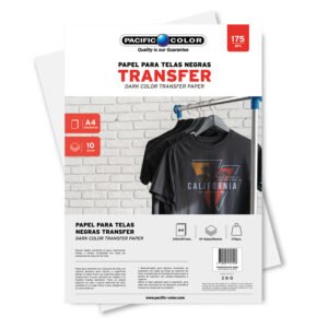 PAPEL TRANSFER PARA TELAS NEGRAS A4 (210X297MM), 10 HOJAS, 175 GRS, PARA IMPRESORAS INKJET. ALTA RESOLUCION, SECADO RAPIDO, RESISTENTE AL AGUA.