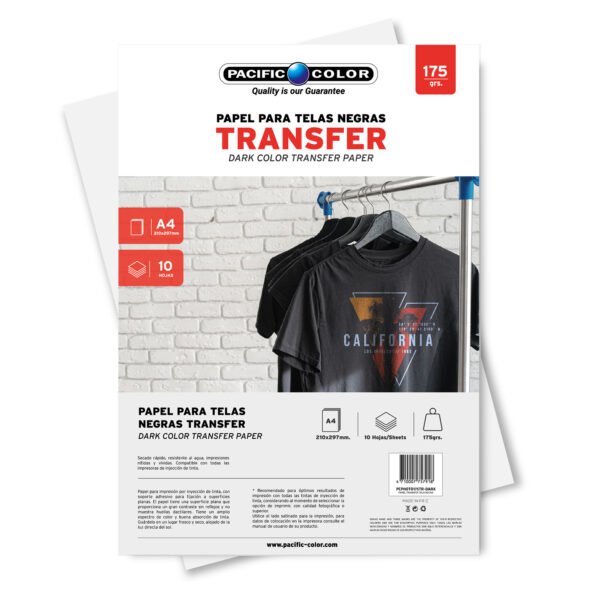 PAPEL TRANSFER PARA TELAS NEGRAS A4 (210X297MM), 10 HOJAS, 175 GRS, PARA IMPRESORAS INKJET. ALTA RESOLUCION, SECADO RAPIDO, RESISTENTE AL AGUA.