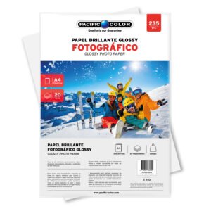 PAPEL FOTOGRAFICO GLOSSY A4, 20 HOJAS, 235 GRS, ALTA DEFINICION, SECADO RAPIDO, RESISTENTE AL AGUA.