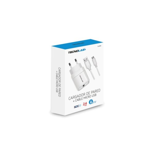 KIT CARGADOR CELULAR TECNOLAB 2.4A - 1 USB CON CABLE MICRO USB- WHITE - Imagen 2