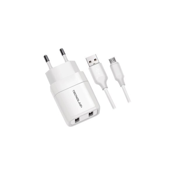 KIT CARGADOR TECNOLAB USB A MICRO USB , 2.4A, 5V SALIDA, 110AC-240V, 50/60HZ, 2 , CERTIFICADO SEC.