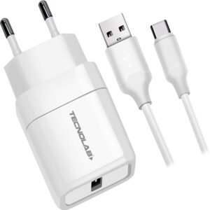 KIT CARGADOR TECNOLAB CON CABLE TIPO C, 2.4A, 5V SALIDA, 110AC-240V, 50/60HZ, 1 PUERTO USB, CERTIFICADO SEC.