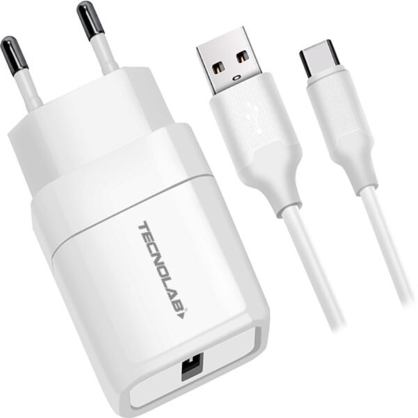 KIT CARGADOR TECNOLAB CON CABLE TIPO C, 2.4A, 5V SALIDA, 110AC-240V, 50/60HZ, 1 PUERTO USB, CERTIFICADO SEC.