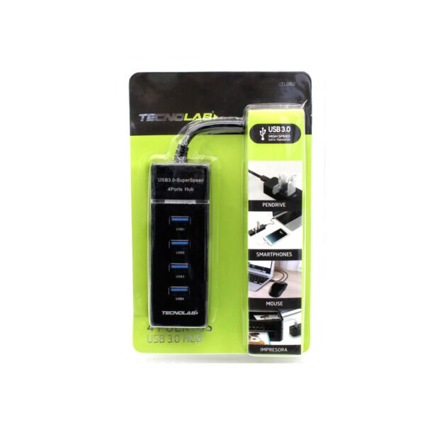 HUB USB 4 PUERTOS TECNOLAB, VELOCIDAD 5GBPS, INDICADOR LED, FUSIBLE PROTECTOR, TOMA DC5V. - Imagen 2