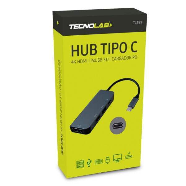 HUB TIPO C A HDMI 4K TECNOLAB, 2 USB 3, CARGADOR PD, COMPATIBLE CON PC/MAC, RESOLUCION 4K, COMPACTO.
