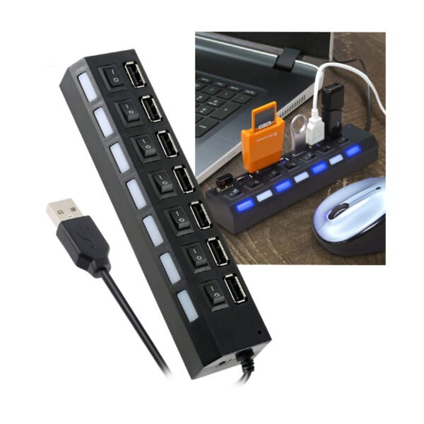 HUB USB DE 7 PUERTOS TECNOLAB, INDICADOR LED AZUL, INTERRUPTOR ON/OFF, VELOCIDAD 480MBPS, DC5V. - Imagen 3