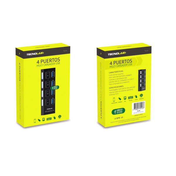 HUB USB DE 4 PUERTOS TECNOLAB, INTERRUPTOR DE ENCENDIDO/APAGADO, CONECTAR Y USAR, 3, COMPATIBLE CON USB 1.1, CABLE DE 60CM. - Imagen 4