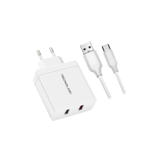 CARGADOR RAPIDO TECNOLAB CERTIFICADO USB QC 3 + USB 2,4A CABLE TYPE C 1M. - Imagen 2