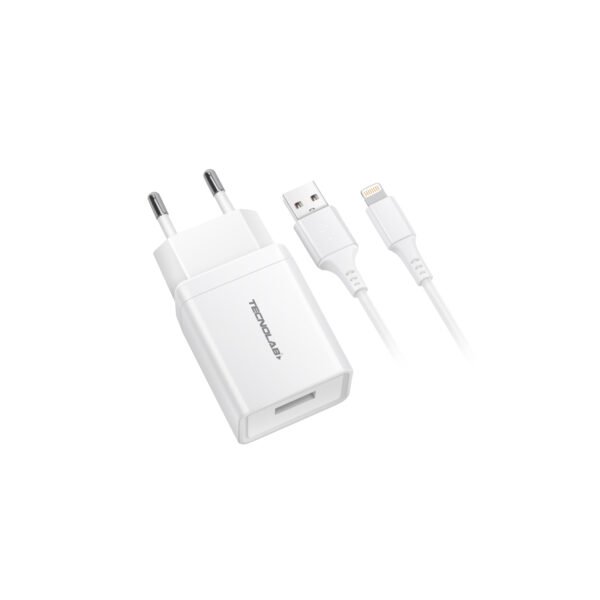 CARGADOR CELULAR 2.1A - 1 USB CON CABLE LIGHTNING - WHITE