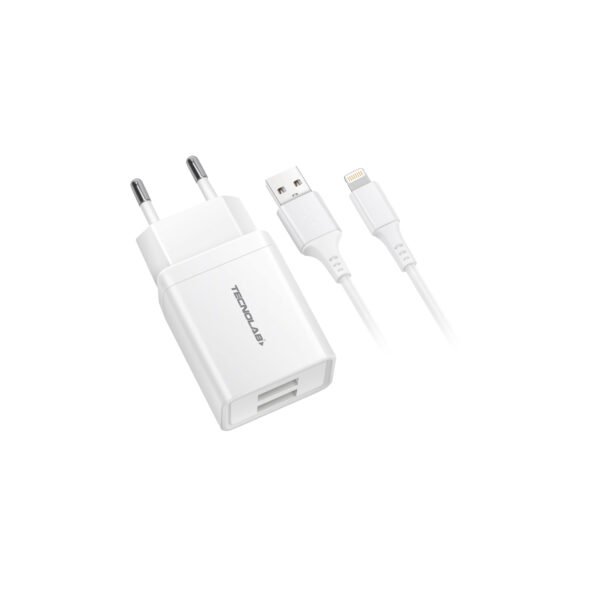 CARGADOR CELULAR 2.1A - 2 USB CON CABLE LIGHTNING - WHITE