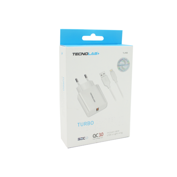 CARGADOR CELULAR QC 3 - USB  A LIGHTNING TECNOLAB, 18W, 3000MA, CABLE INCLUIDO. WHITE
