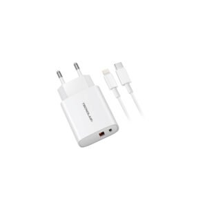 CARGADOR CELULAR 2 PUERTOS USB TECNOLAB, CARGA RAPIDA QC 3+PD - CABLE USB-C A LIGHTNING - 20 WATTS.