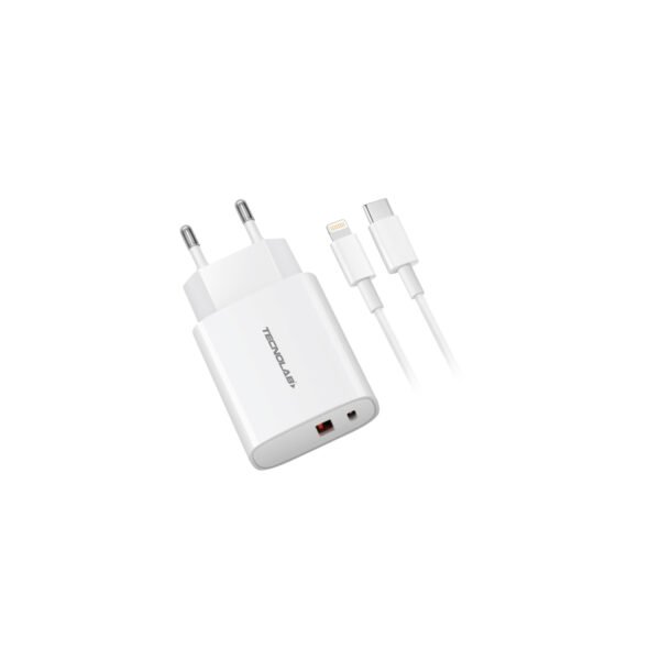 CARGADOR CELULAR 2 PUERTOS USB TECNOLAB, CARGA RAPIDA QC 3+PD - CABLE USB-C A LIGHTNING - 20 WATTS.