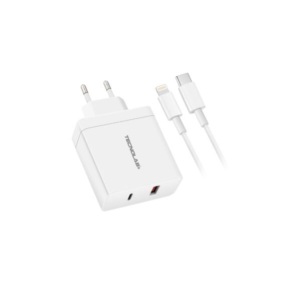 CARGADOR CELULAR 2 PUERTOS USB TECNOLAB, CARGA RAPIDA QC 3+PD - CABLE USB-C A LIGHTNING - 36 WATTS.
