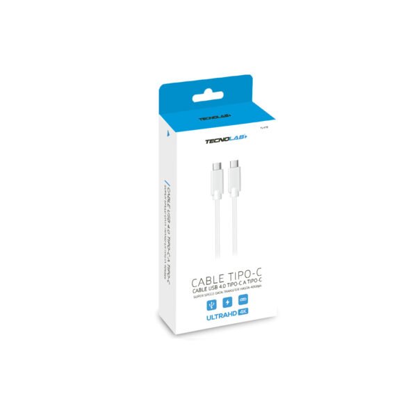CABLE USB TIPO C 4 TECNOLAB, TRANSFERENCIA HASTA 40GBPS, SOPORTA 85W-100W, VIDEO 4K, LARGO 2M. - Imagen 2