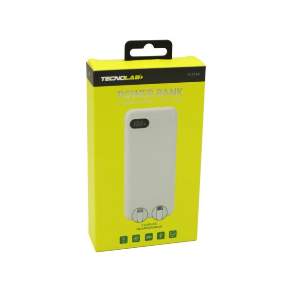 POWER BANK TECNOLAB 20000MAH,22.5 WATTS -  CARGA RAPIDA, 2 CABLES INCORPORADOS, PROTECCION SOBRECARGA. WHITE - Imagen 2