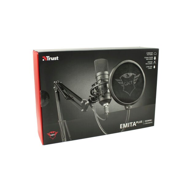 MICROFONO PROFESIONAL DE ESTUDIO TRUST, CONECTOR USB, BRAZO AJUSTABLE, INCLUYE TRIPODE, PATRON CARDIOIDE, CABLES USB DE 2.9M Y 1.8M, FILTRO POP.