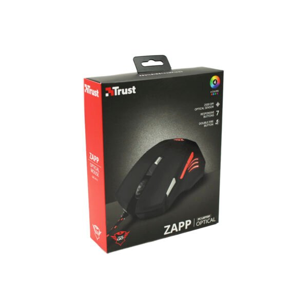 MOUSE TRUST CON PRECISION 2500 DPI, 7 BOTONES, BOTON DE DOBLE DISPARO, 4 COLORES DE ILUMINACION.